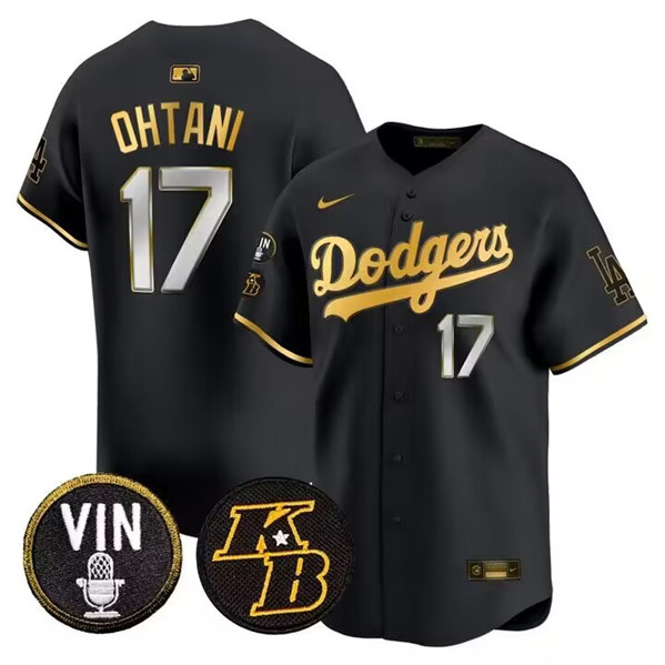 Men's Los Angeles Dodgers #17 Shohei Ohtani Stitched Black/Gold Vin & Kobe Patch Cool Base Baseball Jersey